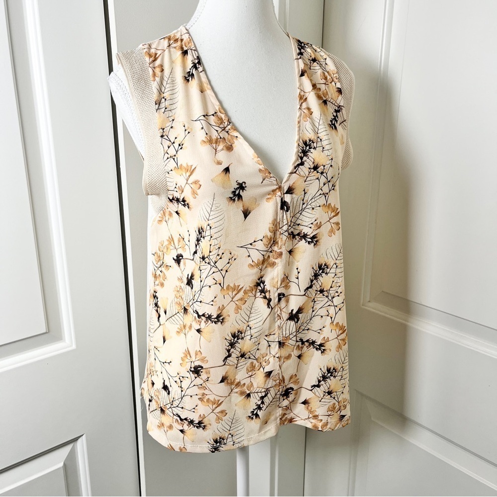 Zara Boho Leaves Print Sleeveless V-Neck Blouse – Cream & Brown, Size S/M